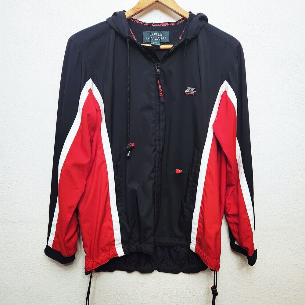 Vintage Lauren Ralph Lauren Hooded Black Red Full Zip Windbreaker Jacket Women's